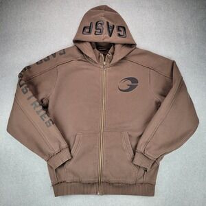 GASP Pro Hood Zip Up Hoodie Mens XXL‎ Brown Distressed Heavyweight Bodybuilding